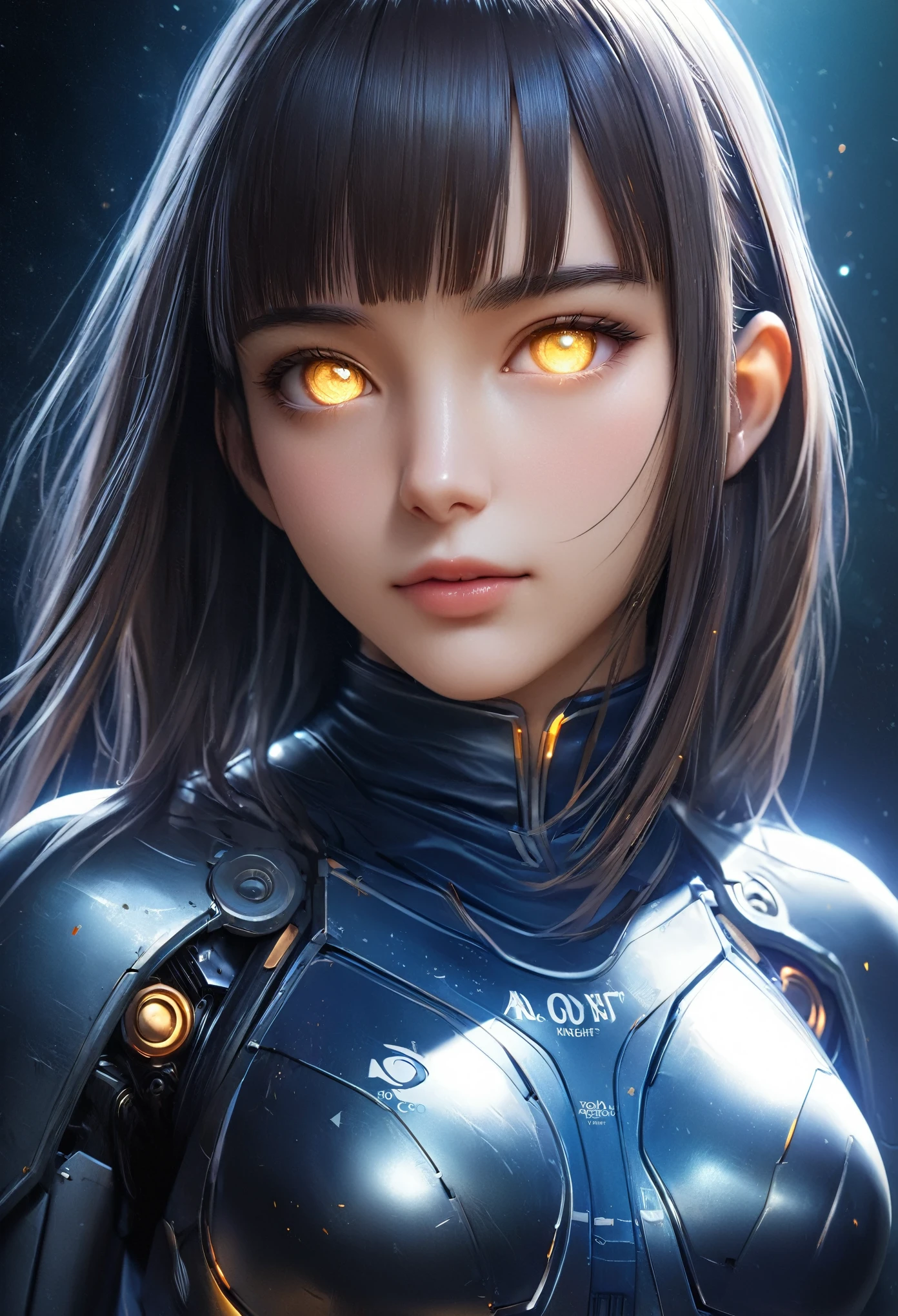 (Best Quality, 4K, 8K, High Resolution, Masterpiece: 1.2), (Super Detailed, Realistic, Photorealistic:1.37), A woman in futuristic clothing, Trending on cgstation, Trending on cgstation, (Portrait of a girl in the Knights of the Zodiac:1.4), blunt bangs, Cute Cyborg Girl, Perfect android girl, Portrait Astronaut Girl, Beautiful girl cyborg, Girl wearing black blue black mechanical cyber armor, Game CG, cgsociety and fenghua zhong, Beautiful Cyborg Shrine Maiden, Bioluminescence, Yua, (Golden eyes:1.5), Anatomically correct grip, (Sharp and long claws:1.4), erotic and sexy, 