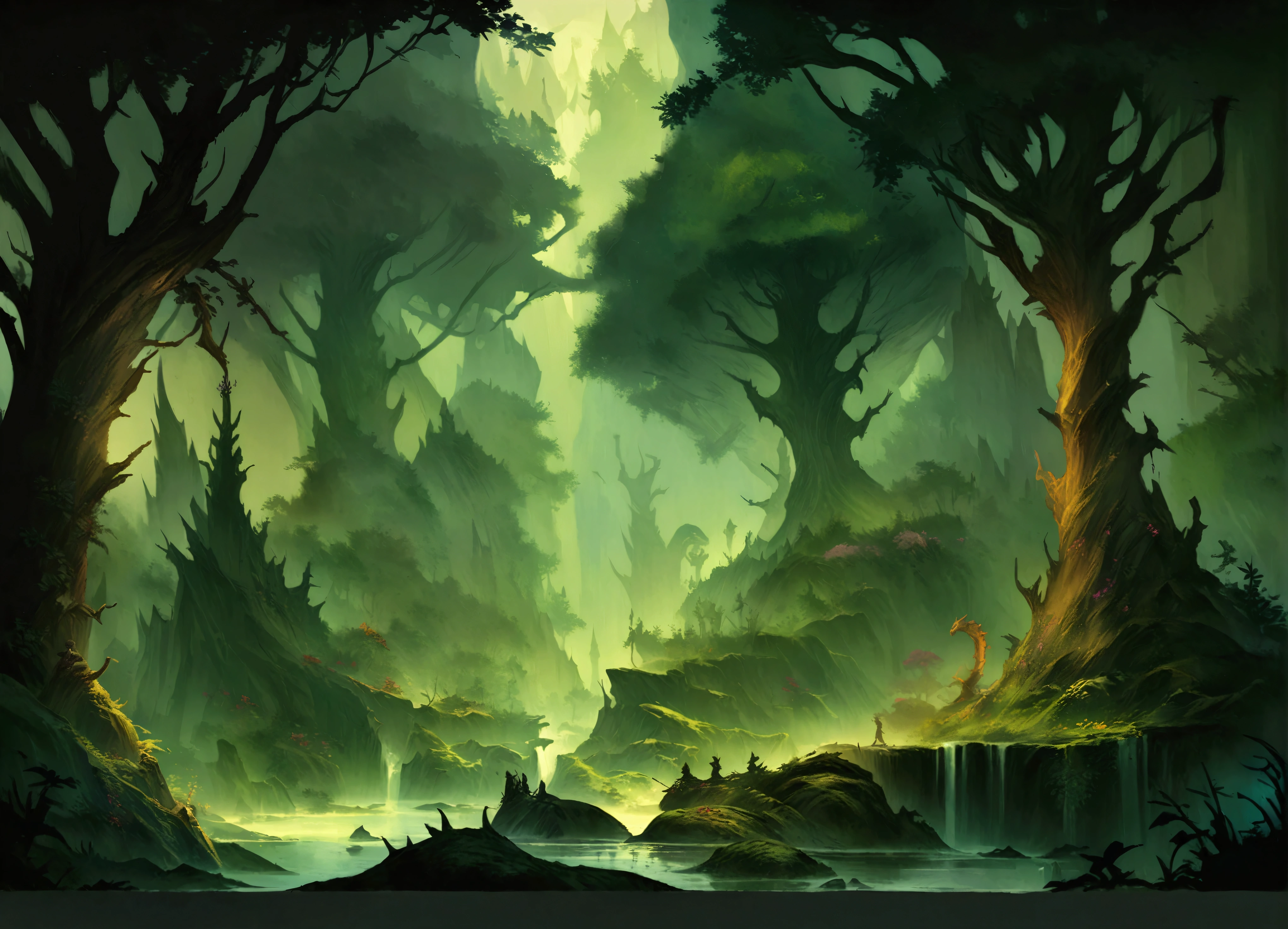 Dark forest concept art, Dark fantasy forest, Dark Fantasy Art, an ominous fantasy illustration, Dark Fantasy Art, Dark fantasy concept art, Dark Fantasy Background, Dark Forest Dungeons&amp;Dragons, Epic fantasy digital art style, dark fantasy environment, Forbidden Forest, Dark fantasy landscape, 8k fantasy art