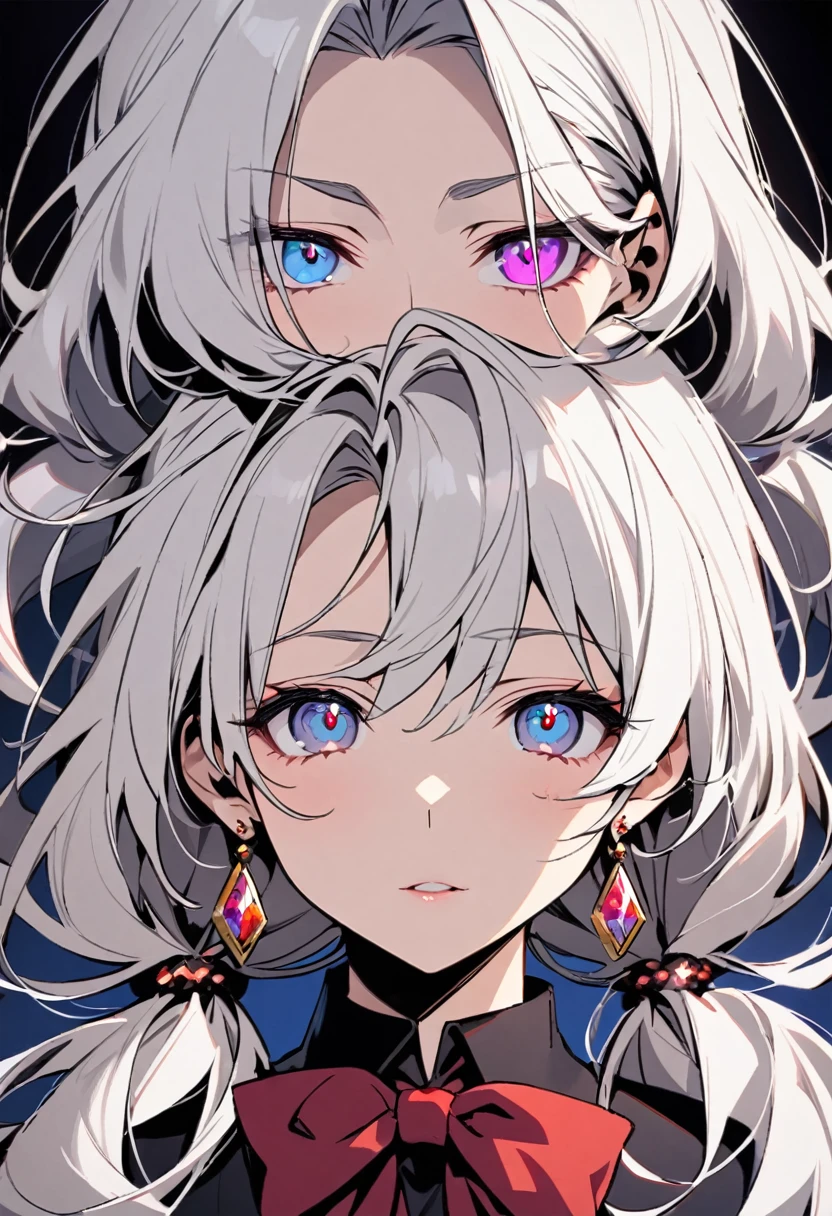girl, mature, white hair,  diamond earings, long hair, low twin tails, red bow on hair, two color eyes, one blue eye, one purple eye, adult. front face