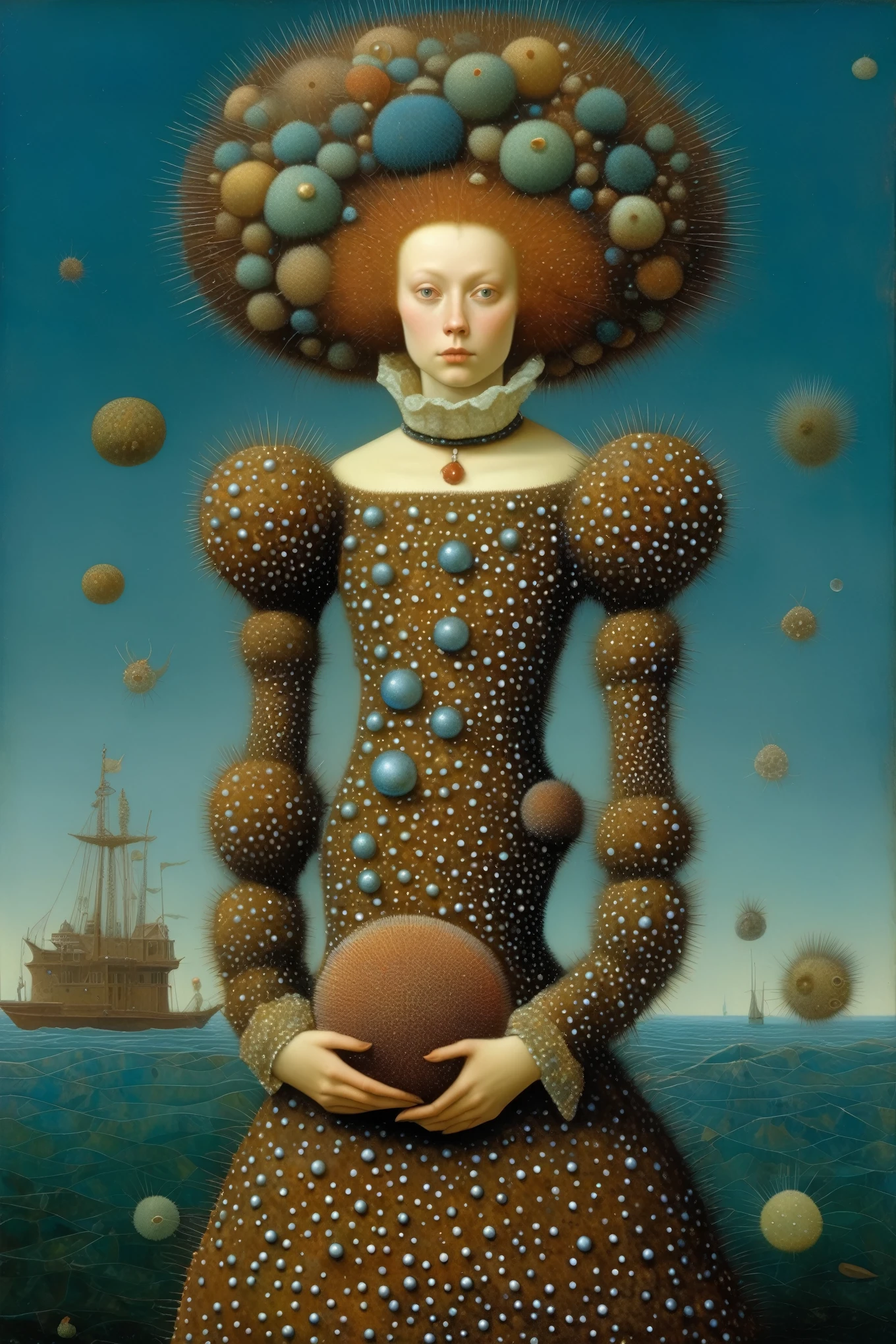 James C. Christensen Style - in the style of James Christensen, A woman wearing a dress made of sea urchins