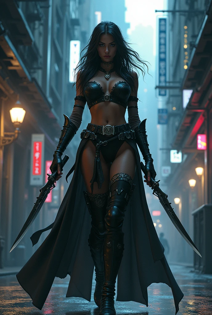 Une femme vampire assassin avec des rondeur tenue de ninja remplit de couteau avec des bottes poser sur une tour la nuit dans une ville de technologie en bleue