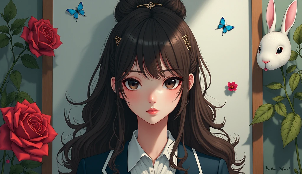 Brown black hair, black eyes, White skin, Oval face, Atmospheric facial features, High target, Confident and powerful, Firm and plump, High school girl, Uniforms, Curly hair, Hair Bun, With hairpin, Red rose, Blue Butterfly, White Rabbit, billboard, Official quality, mystery, Light and Shadow, Correct proportions, aesthetics, atmosphere,