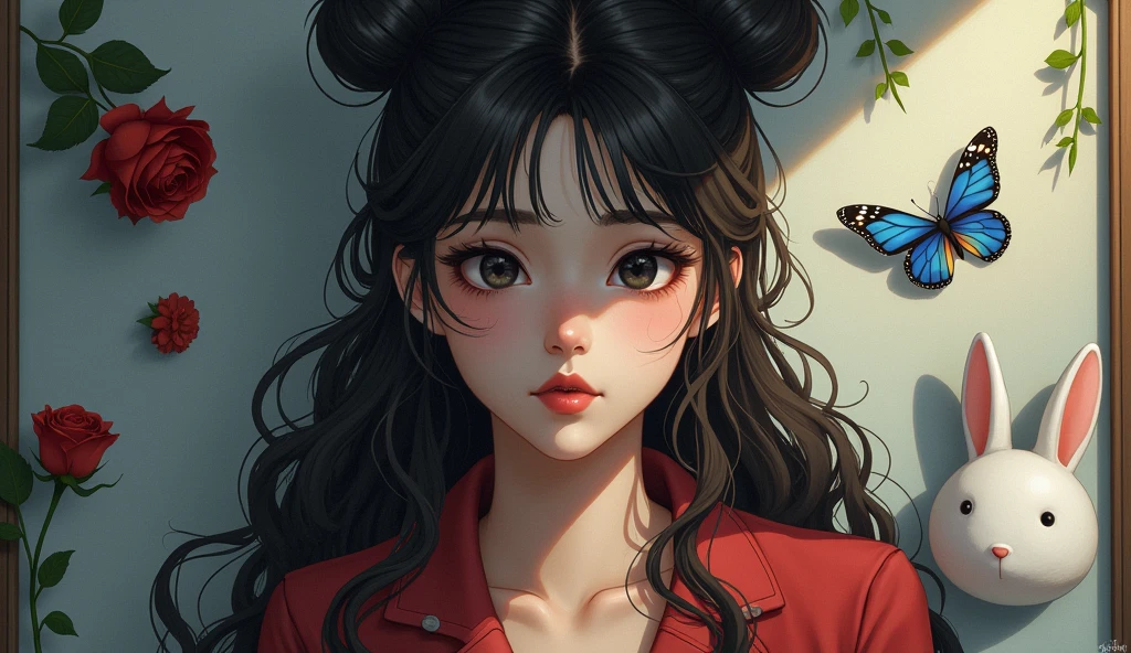 Brown black hair, black eyes, White skin, Oval face, Atmospheric facial features, High target, Confident and powerful, Firm and plump, High school girl, Uniforms, Curly hair, Hair Bun, With hairpin, Red rose, Blue Butterfly, White Rabbit, billboard, Official quality, mystery, Light and Shadow, Correct proportions, aesthetics, atmosphere,