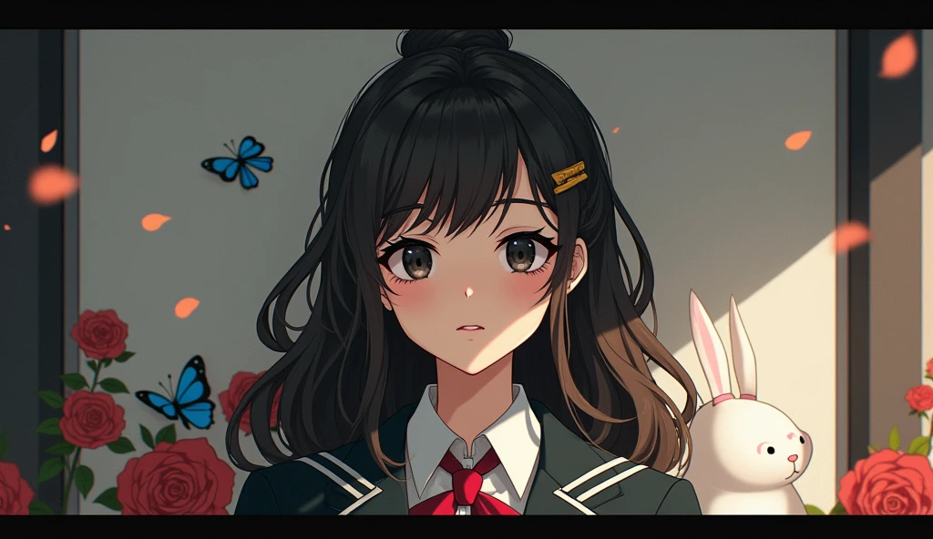 Brown black hair, black eyes, White skin, Oval face, Atmospheric facial features, High target, Confident and powerful, Firm and plump, High school girl, Uniforms, Curly hair, Hair Bun, With hairpin, Red rose, Blue Butterfly, White Rabbit, billboard, Official quality, mystery, Light and Shadow, Correct proportions, aesthetics, atmosphere,