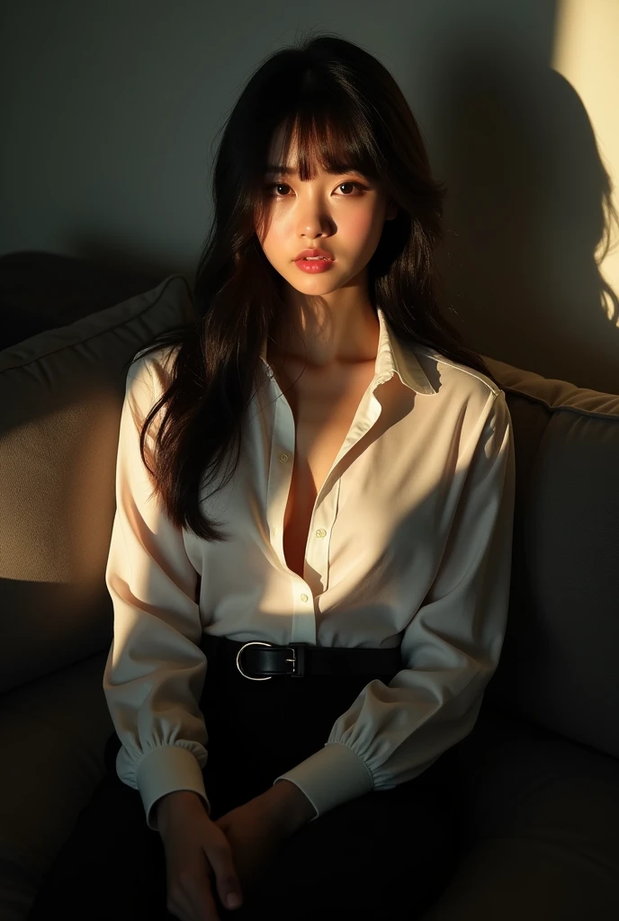 A dynamic shadow play, low shot picture of a pretty young lady, half bangs, long straight hair, big eyes, porcelain skin wearing long sleeve slightly unbuttoned shirt, blach belt, and fit trousers. Sit at her comfort couch, inviting pose, smile. The shadows effect exposing her body figure