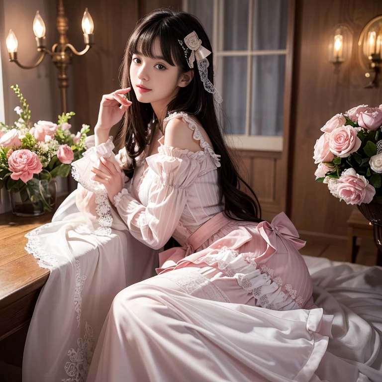 Side view,side angle, Bow tie at the back of the waist, There is a bow on the back,Sideways photo, Skirt length to calf, cupcake dress, Layered skirt with lace on each layer, Put on a lolita dress, layered dress, Pink Lolita dress, lots of lace, Long sleeve, Wide sleeves, Big Skirt, Layered lace skirt, Lace skirt,Puff sleeves, Wide sleeves, Transparent sleeves, intricate details showcase the ruffles and intricate designs of the Lolita dress, Wearing a lolita dress, in a sea of flowers, best quality, Delicate face,beautiful visual work, lifelike, eternity, black hair, Long curly hair, blunt bangs, Smile, Detailed Background, Delicate face,blush,cold,((masterpiece))、(top quality)、8k、high detail、Super detailed,41 years old,woman, masterpiece、born、Scenes resembling fairy tale illustrations、intricate details和複雜的設計、Beautifully、magic、capricious、 Beautifully、Dream aesthetics、「𝓡𝓸𝓶𝓪𝓷𝓽𝓲𝓬、ethereal、charming、fickle、magic」、realism、Visual effects、FXAA、SSAO、Shader、voiceless、ambient lighting、Tone mapping、High resolution、Ultra high quality、Million pixels、(8K resolution:1.10)、8k、8k以下、8K resolution、high detail、intricate details, (high quality:1.2、masterpiece:1.2、:1.21)、(41 years old,woman:1.21)、(興奮地Smile)、(Surrounded by a dreamy atmosphere、Model diagram,full-body shot,Normal 2 feet,Put your hands behind your back,Breast protrusion visible when wearing clothes, Large Breasts, H cup chest, pink dress, Don't show your fingers, full-body shot, full-body shot,full-body shot,full-body shot,full-body shot,full-body shot,full-body shot,full-body shot,Hands hidden in clothes, Hands hidden in clothes,Hands hidden in clothes,Hands hidden in clothes,Hands hidden in clothes,Hands hidden in clothes,Hands hidden in clothes,Hands hidden in clothes,Hands hidden in clothes, ,Hide your hands in your sleeves ,Hide your hands in your sleeves ,Hide your hands in your sleeves ,Hide your hands in your sleeves ,Hide your hands in your sleeves ,Hide your hands in your sleeves ,Hide your hands in your sleeves ,Hide your hands in your sleeves,skirt length to calf, full body photo,full body view,side view