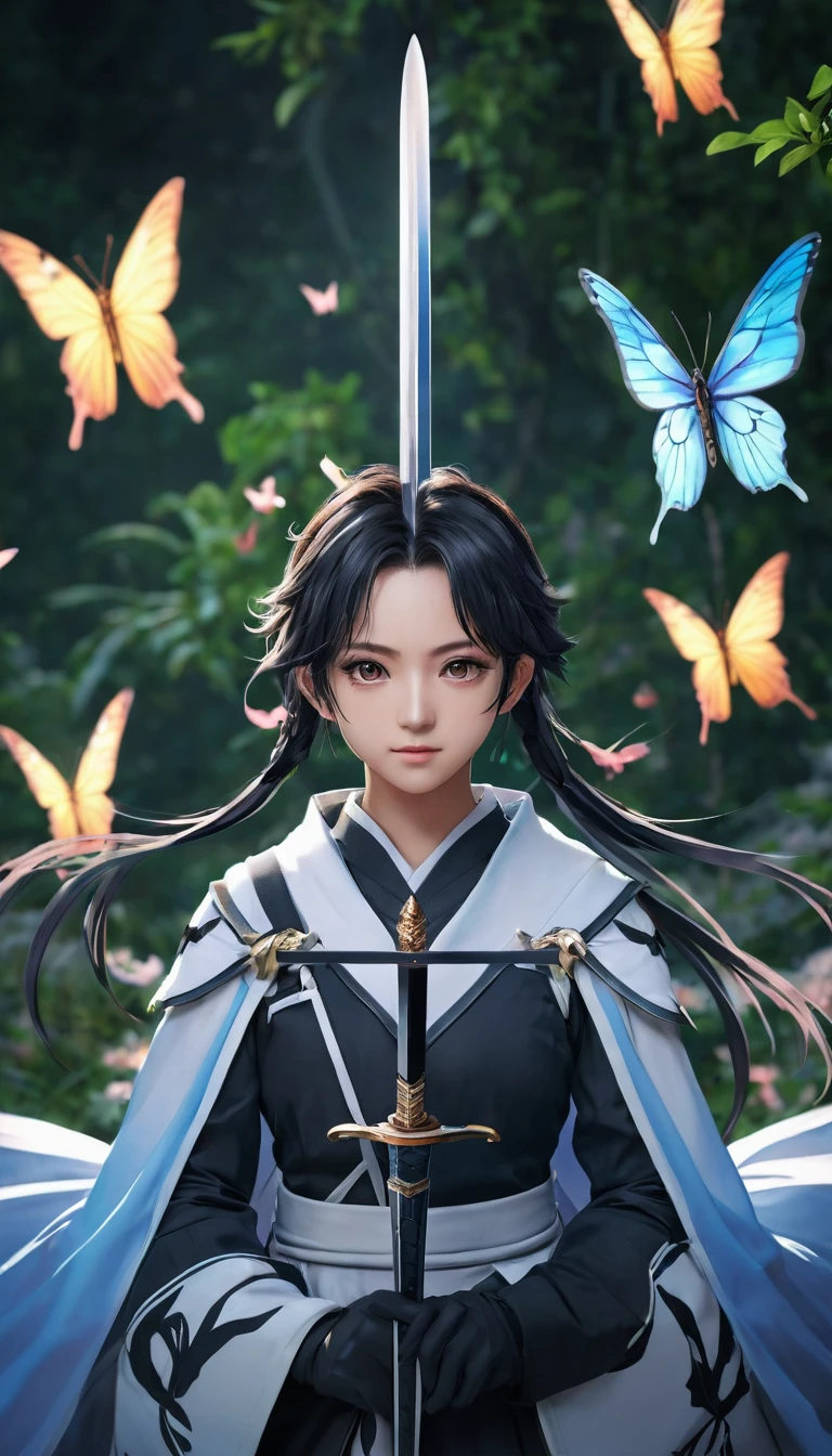 8k, RAW photo, best quality, masterpiece, realistic, photo-realistic, clear, professional lighting, beautiful face, best quality, ultra high res, an anime character with butterfly wings、An anime character with a sword in front of a butterfly, Amazing anime 8k, Demon Slayer Art Style, Anime Style 4k, Demon Slayer Louis Fan Art, anime art wallpaper 4k, anime art wallpaper 4k, Anime Art Wallpapers 8K, Highly detailed official artwork, From Arknights, anime wallpaper 4k, anime wallpaper 4k, 4k anime wallpaper