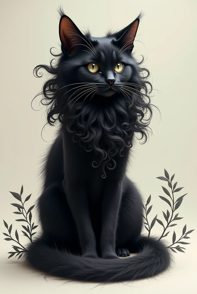 Naked furry black cat with long, curly hair 