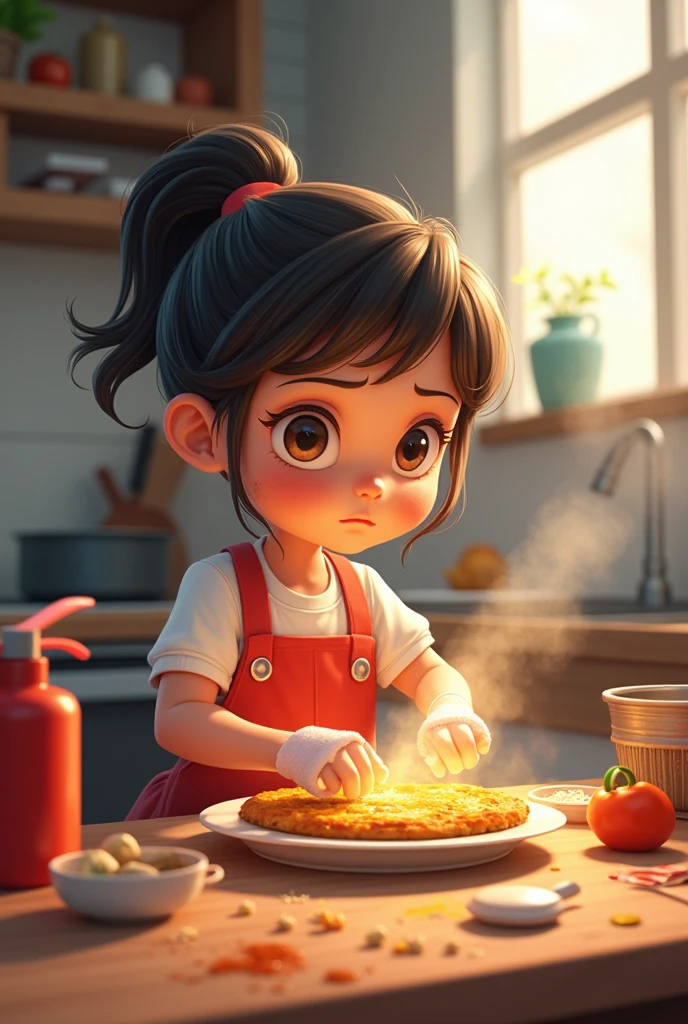 A girl trying to cook food but ended up getting hurt and burning food