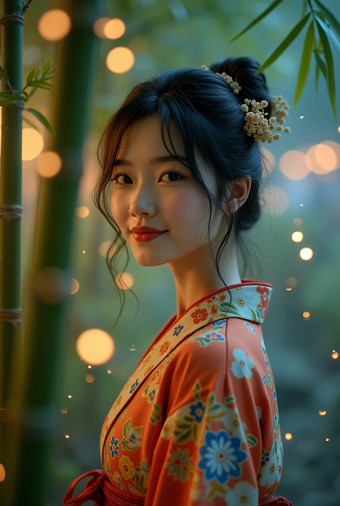 Summer Kimono，moonlight，lights，(Summer Festival，fiesta)，firefly，bamboo forest，Face lens，Smile，Clogs