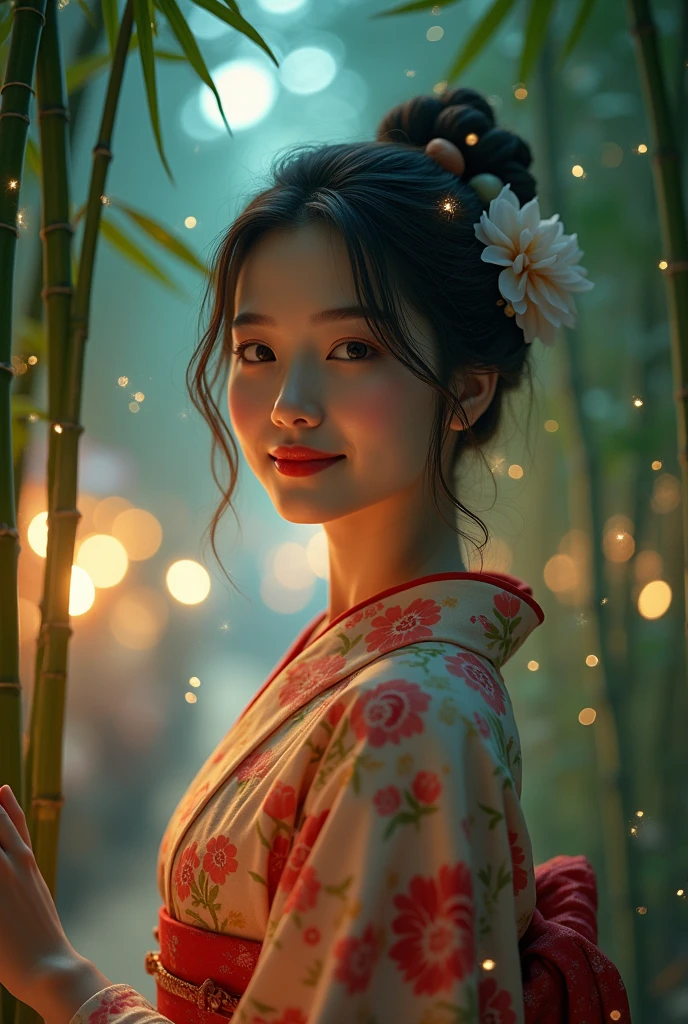 Summer Kimono,moonlight,lights,(Summer Festival,fiesta),firefly,bamboo forest,Face lens,Smile,Clogs