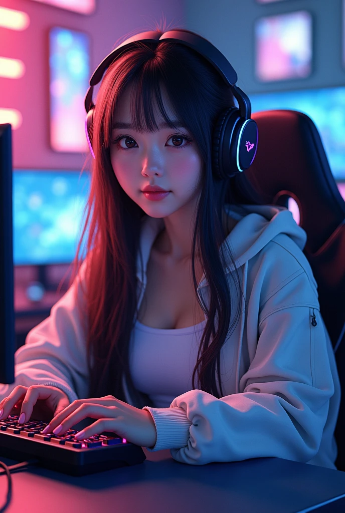 The gamer background is a beautiful girl like a Korean, playing games, long and straight hair,Wearing a crop top and top jacket, wearing ankle pants, wearing sneakers, high detail