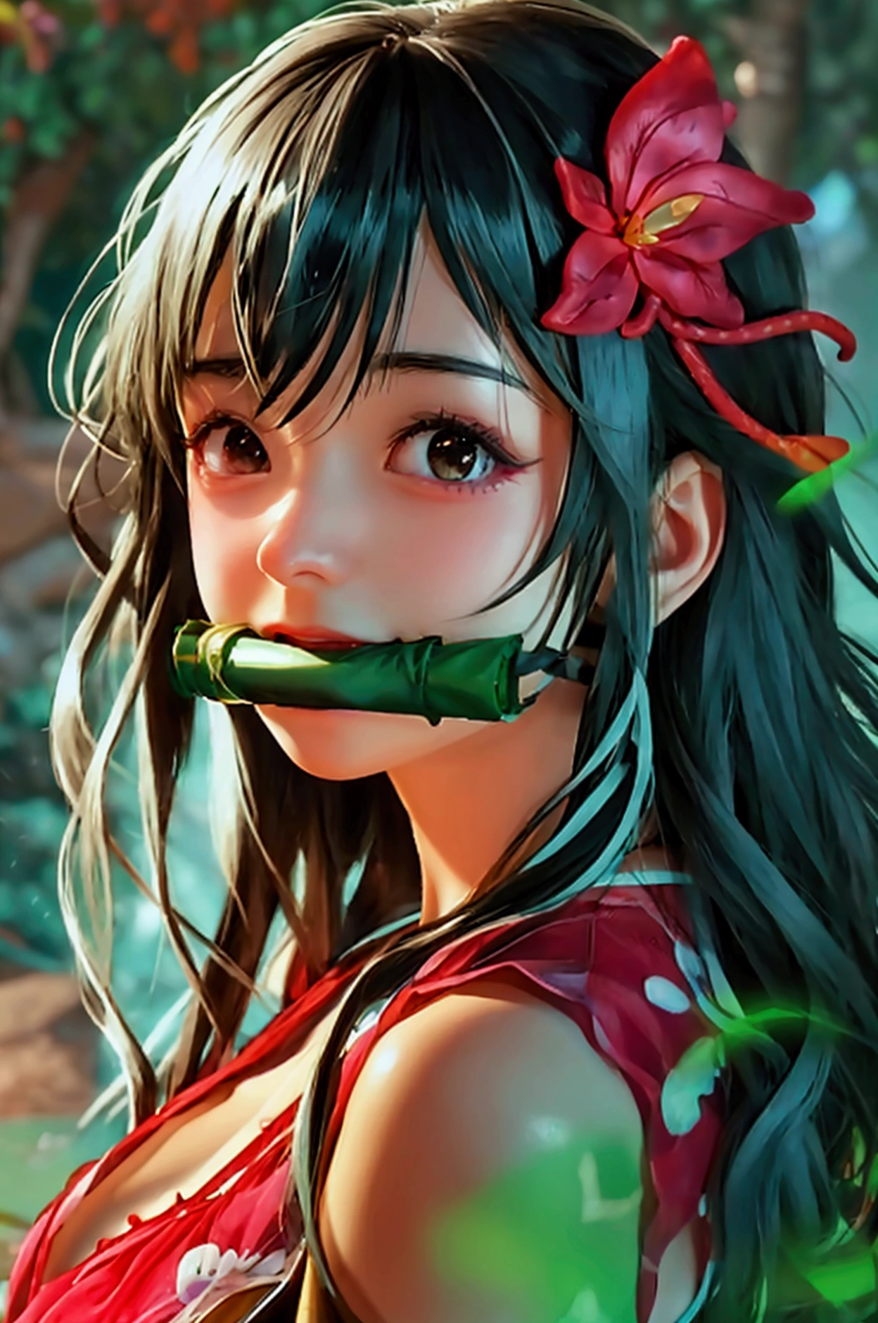 A naked woman has green tape around her mouth., Charming anime girl, opposite, sexy girl, Ultra-realistic images, Nezuko, [ digital art 4k ]!!, Kidding, smiling, Nezuko-chan, Very high quality artwork, Breast covered and sfw, Perfect body, realistic gray color, Ilya Kuvshinov with long hair, Beautiful and detailed, both body and face