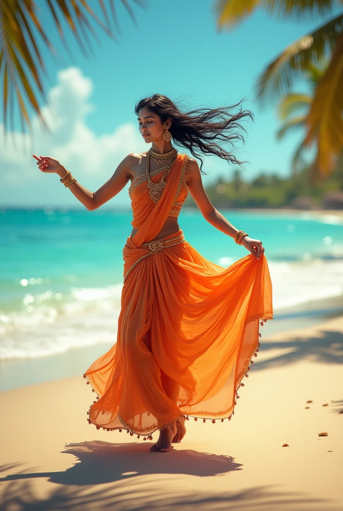 Beautiful Indian girl dancing on the beach 