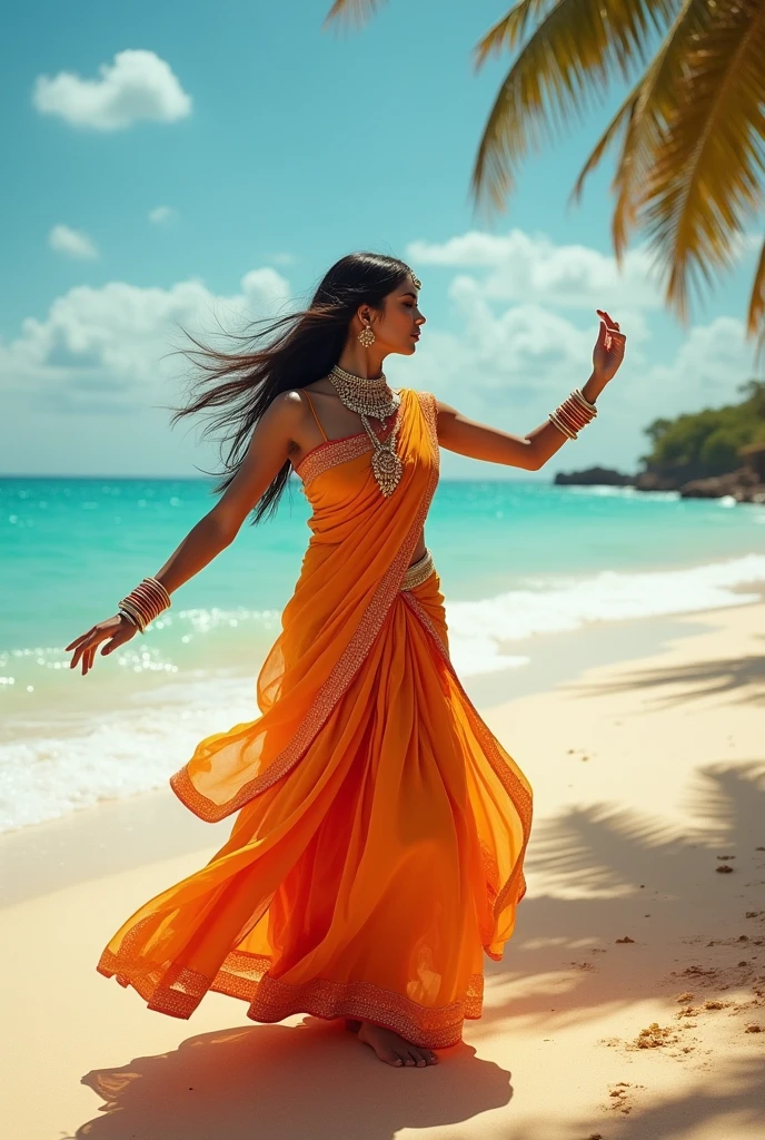 Beautiful Indian girl dancing on the beach