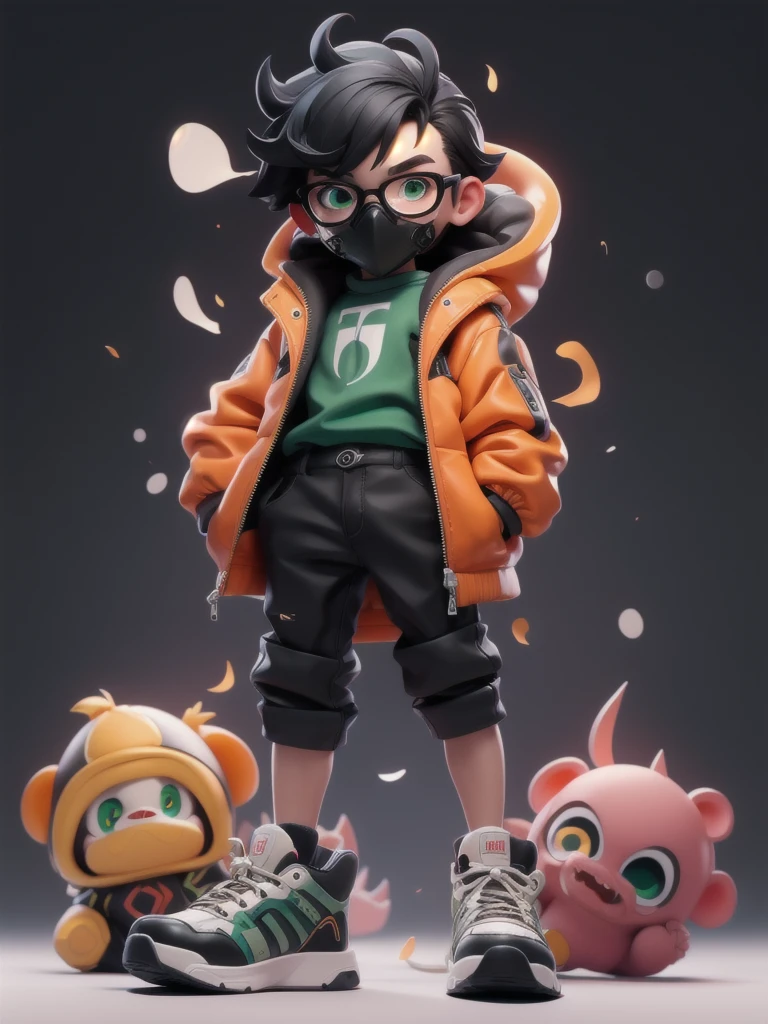 BJ_monster,一人in,Looking_in_Audience,green_eye,Simple_background,shirt,black_blackhairモヒカンhair,One person,black、Glasses、blackhair,Are standing,赤Jacket,full_body,male_concentrated,Multicolor_blackhair,shoes,Shorts,mask,black_Seven-minute length pants,ring,spike_hair,black_background,red_Jacket,male_child,gas_mask,tube,respirinor,cineminic lighting,Strong contrast,High level of detail,Highest quality,masterpiece,White background,((blackメガネ))、Monkey mark、background、camera