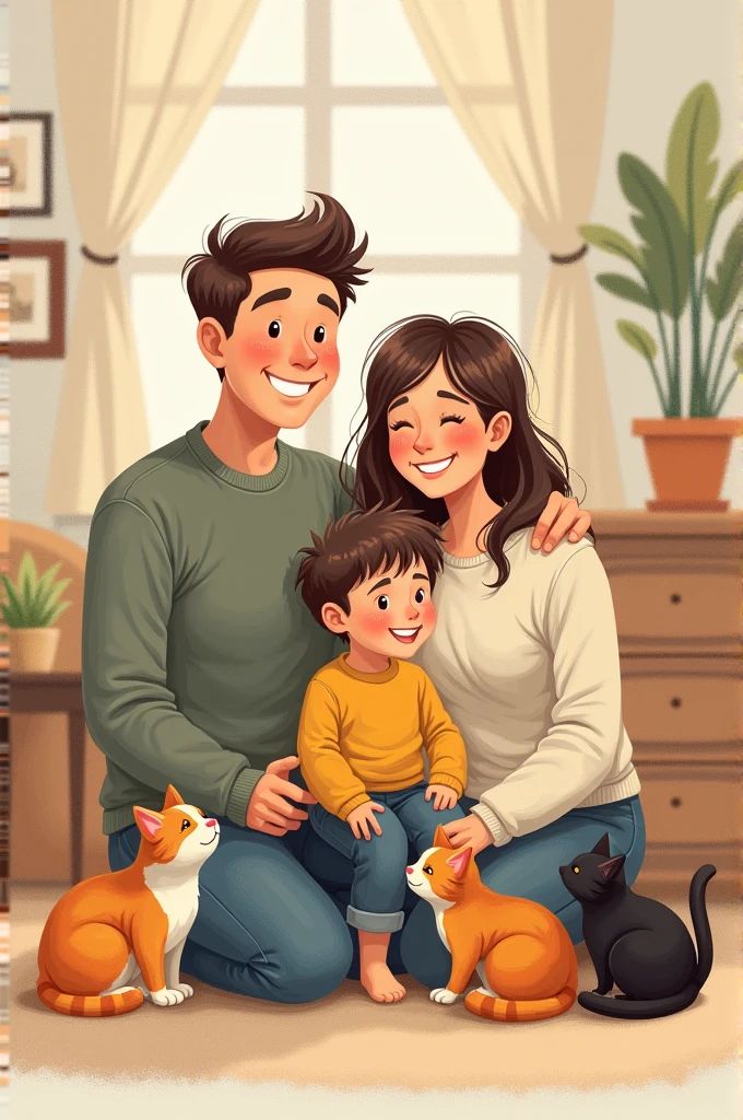 family photo of two adults one son and two cats illustration