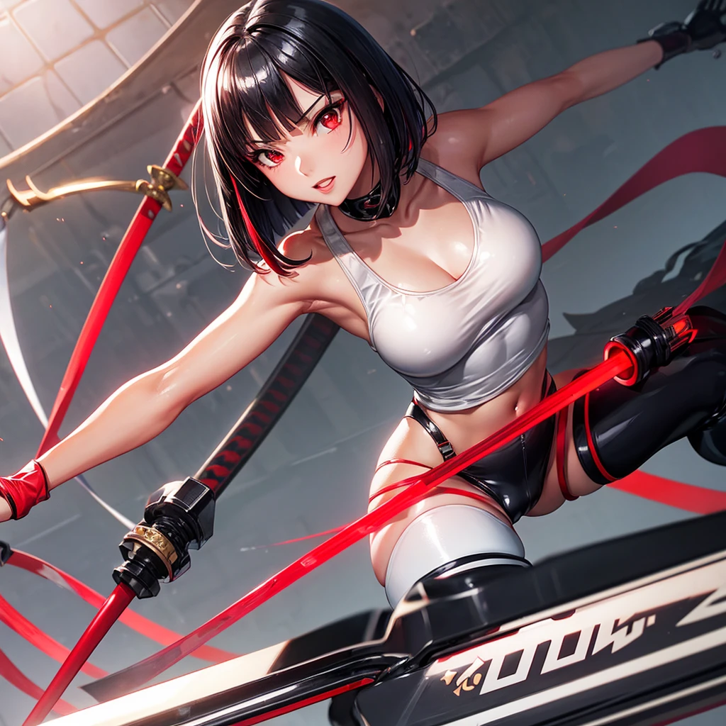 solo girl,Glossy metalic light silver tank top, tight latex shiny, Red interpolation color,Black hair bob,red eyes, camel toe, Samurai Sword,
Lift one leg, sexy lady, โชว์กางเกงใน girl,