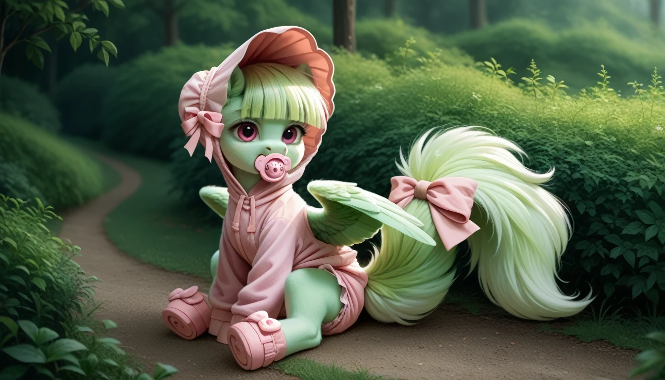 pony, Pegasus, adult filly, emerald green fur, a lush mane, gathered in a light pink bonnet, fluffy tail with a pink bow, sitting outside, dressed in a pink onesie and pink booties, pink pacifier in mouth, solo, thick light pink diaper under clothes, bulge on the back of the diaper, between the hind hooves and on the front of the diaper, sagging diaper.