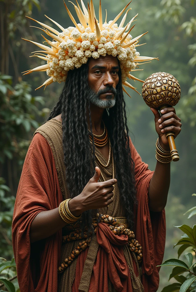 Create an image of Obaluaiê that is realistic, with a xaxara in hand adorned with cowrie shells, an element used in Umbanda and Candomblé, body and face covered with coastal straws and popcorn.