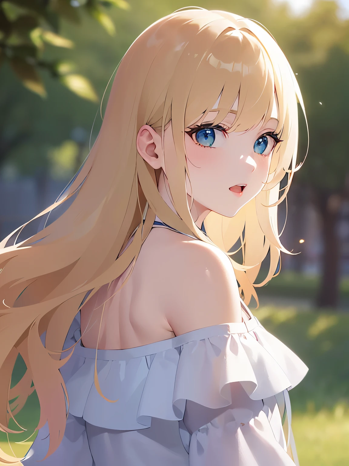 waving hand, Upper Body, Realistic, real person, (pale skin: 1.2), RAW photo, photorealistic, shiny skin, shiny hair、(A 25-year-old woman with medium-length hair and bangs) and (wavy hair) and (Blonde Hair) and (green eyes) , BREAK (white) and (off shoulder blouse) BREAK 、open mouth, confused, The background is a park、Alone、Are standing