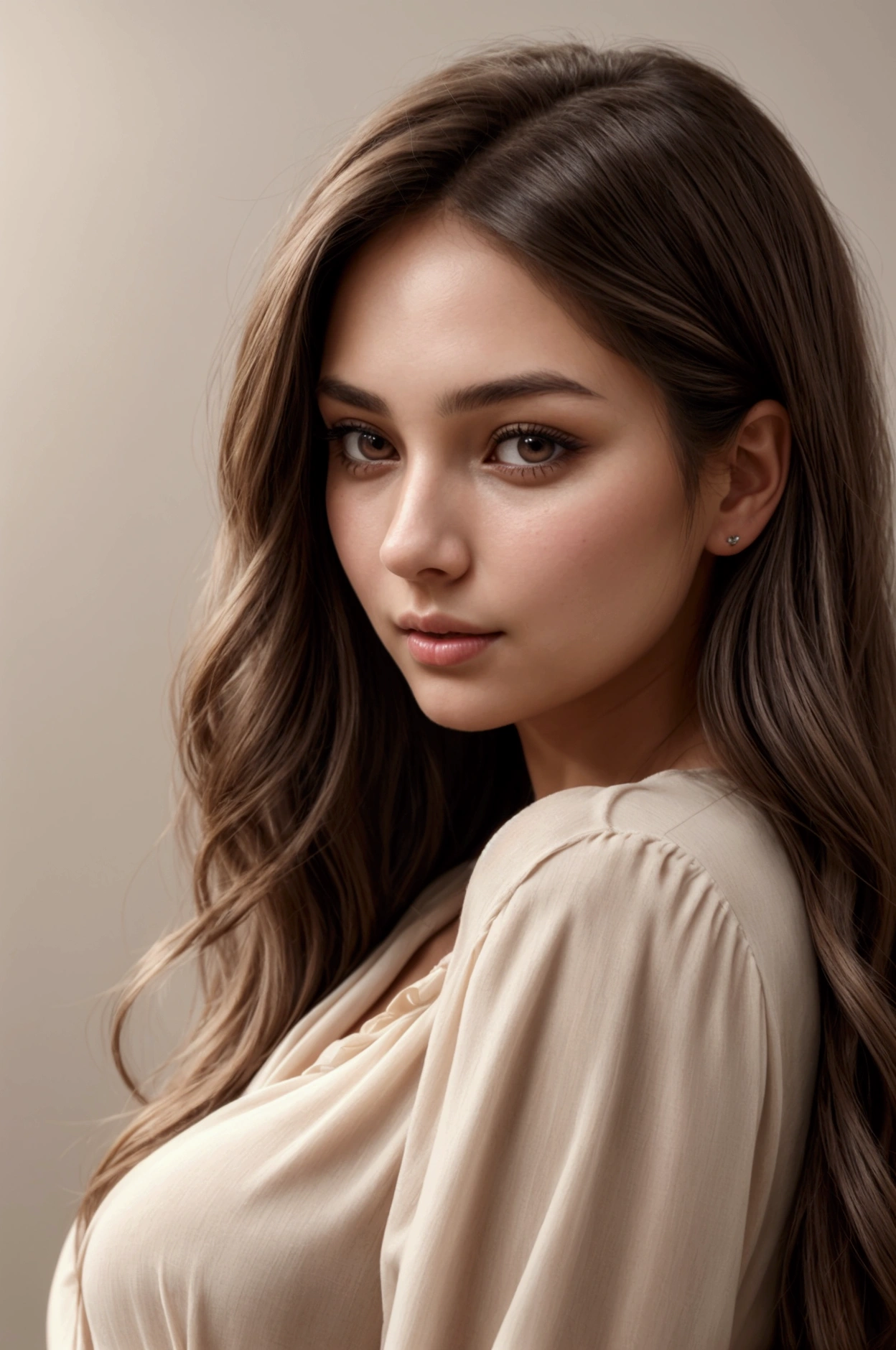 A hyper-realistic portrait of a woman in her mid-20s with flawless, smooth skin and a natural complexion. She has long, flowing hair that is either straight or slightly wavy, with natural highlights. Her eyes are expressive, with defined lashes and a soft, neutral makeup look. She is wearing a casual yet elegant outfit, such as a simple blouse or dress in a solid color. The background is softly blurred to keep the focus on her face, with natural lighting that enhances her features. The image captures a serene and confident expression, showcasing beauty and realism, no cartoon effect i want a true photography