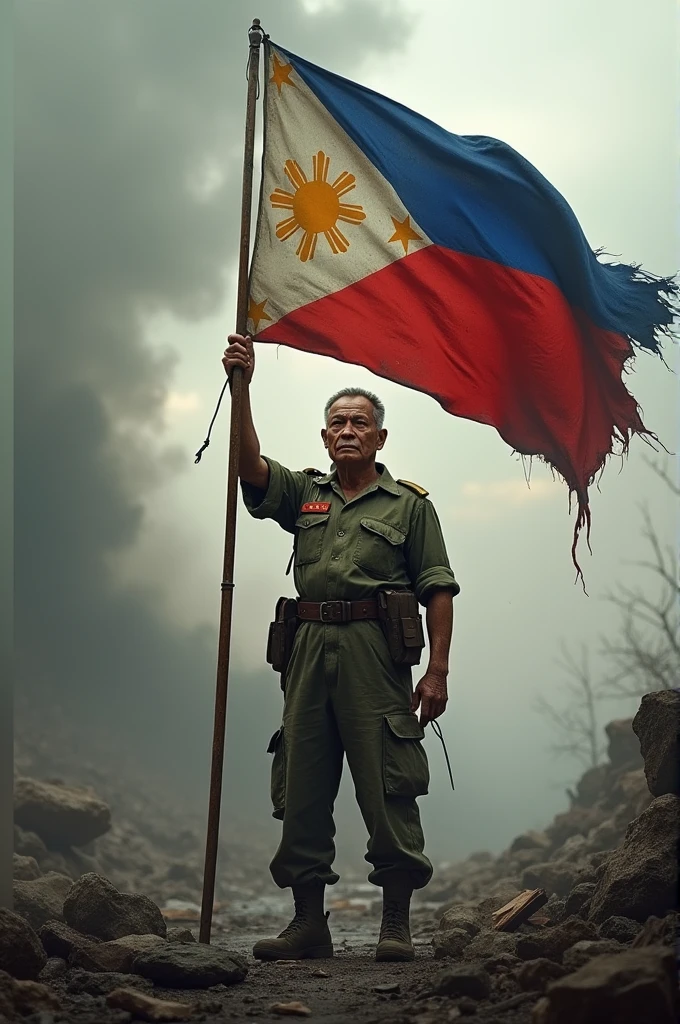 Old Filipino Army suit holding a War Philippine flag