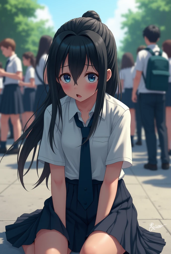 a girl with long hairs and pnotail and bangs with blue eyes. she being bullied and setting on the ground of the school campus . she is wearing school dress. (white shirt and black tie and skirt and crying