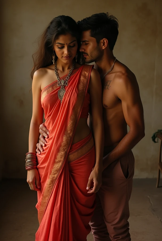 To create an erotic scene like a mature Indian woman having sex with a man, the woman should wear a saree that shows off her body.