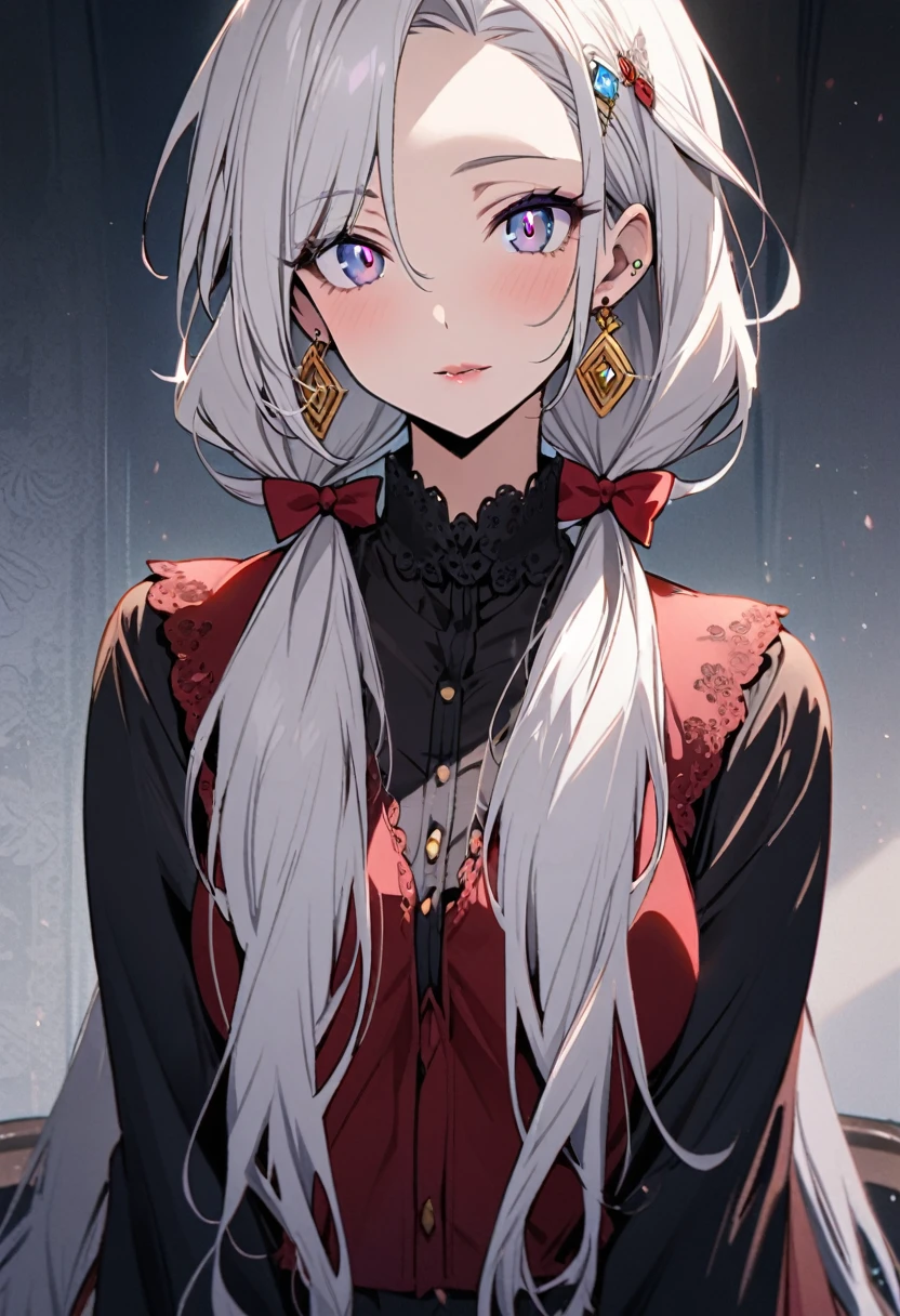 girl, mature, white hair,  diamond earings, long hair, low twin tails, red bow on hair, two color eyes, one blue eye, one purple eye, adult. front face, mature