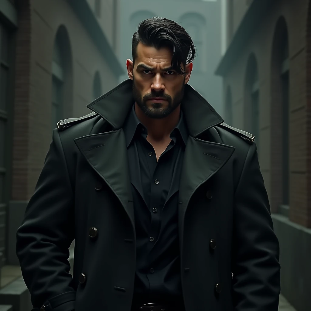 Man, 6'5, Muscular, Trench Coat, Black Hair covering forehead, dark brown eyes, short beard, chiseled jawline, charismatic
