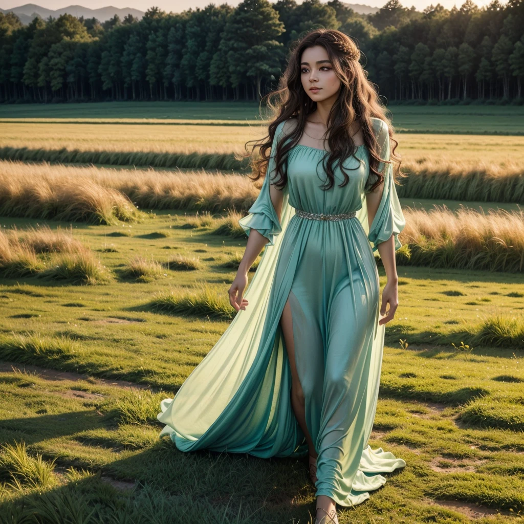 Artistic Style: Watercolor painting style, with soft, blended colors and delicate lines.
Subject: A beautiful woman in a flowing green dress, standing on a misty forest pathway.
Detailed Imagery: The woman has long, curly hair that cascades down her back like a waterfall. Her skin is pale and porcelain, with just a hint of blush on her cheeks. She stands gracefully, with one hand resting on the trunk of a nearby tree and the other at her side.
Environment Description: The scene takes place in an enchanted forest, with towering trees and lush foliage all around. The air is thick with mist, casting a soft glow over everything.
Mood/Atmosphere: The mood is serene and peaceful, with a sense of tranquility and wonder permeating the scene.
Style Execution: Use soft colors and delicate lines to create a dreamy, otherworldly effect. (detailed, high saturation)