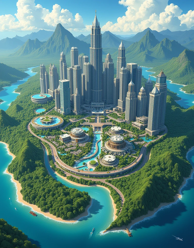 A super large map illustrated of a modern city on an island, forest and a spa resort