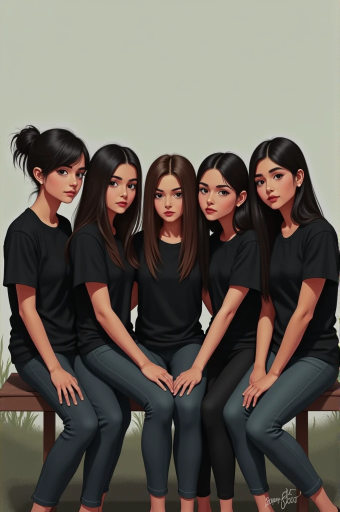 5 friends wear black tishirt looking back sit in bench name samik Ronish kritam rabeen susan 