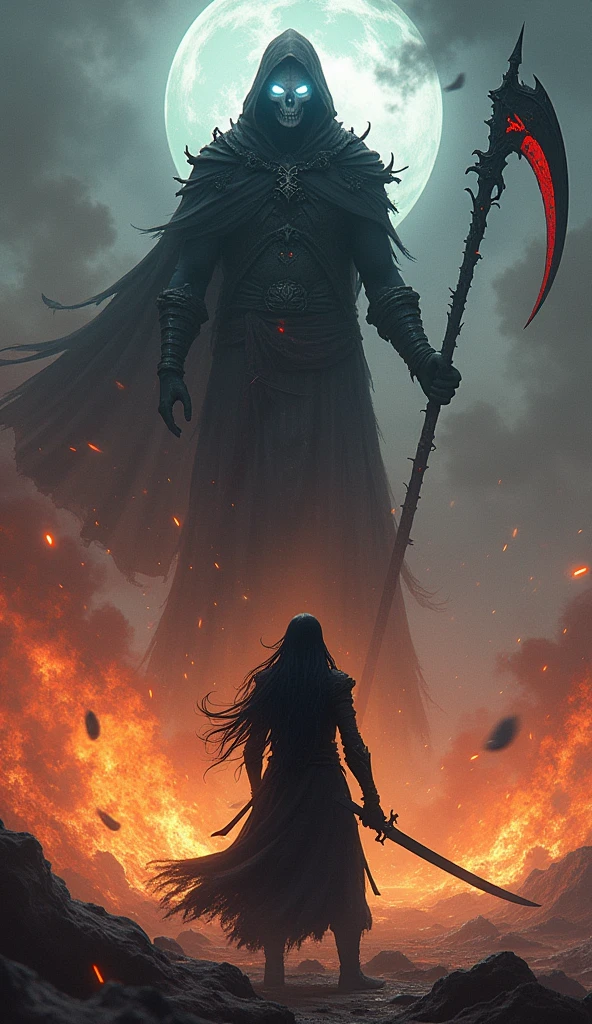 In the midst of a fiery battlefield, Voltex stands firmly, facing forward with his long black hair flowing behind him and his pale complexion standing out against the chaotic backdrop. He grips his dark sword with determination, and as he raises it, dark energy begins to swirl around him. His "Shadow Eclipse" ability manifests as shadows coalesce into a powerful vortex behind him. From this vortex, a formidable reaper begins to emerge. The reaper, clad in a tattered black robe, materializes with a spectral presence. Its skeletal face, partially hidden by a shadowy hood, glows with an eerie, pale light. It wields a massive scythe that gleams ominously. The scene captures Voltex in a dynamic stance, his sword poised to strike, while the reaper looms menacingly in the background. The contrast between Voltex’s dark magic and the fiery battlefield highlights the dramatic clash of energies, showcasing his mastery of dark powers and the fearsome presence of the summoned reaper.