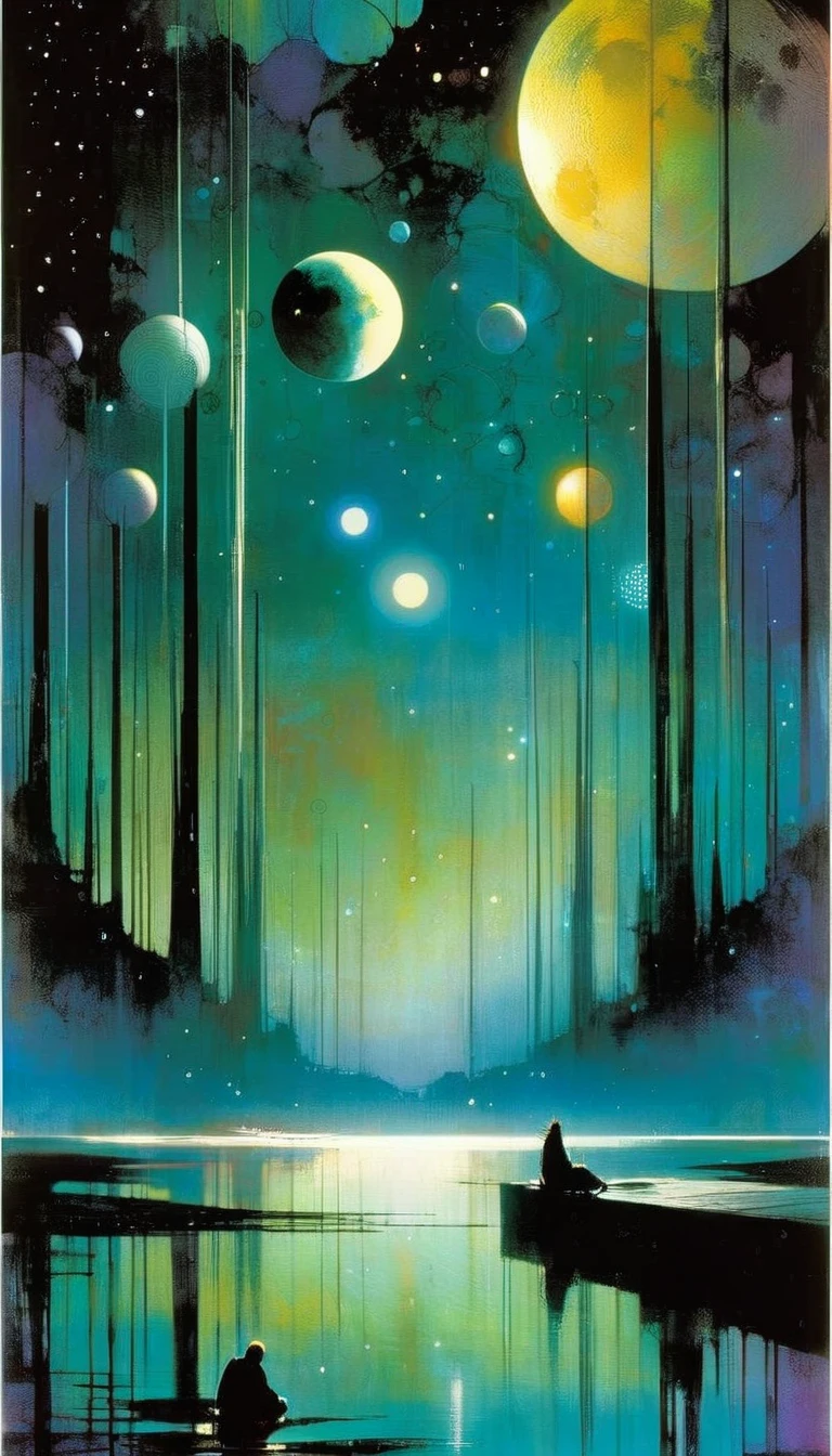 futuristic world, calm, night, moons, stars, art inspired by Bill Sienkiewicz and Dave McKean
