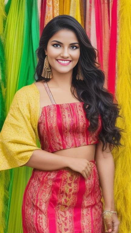 Mexican woman, 30 years old, cabello ondulado, piel morena, ojos oscuros, smile, ropa de negocio mexicana, vestido de charro, realista, con fondo en un marketplace vibrante, 8k super realista, detallada y realista. (A 30-year-old Mexican woman, wavy hair, tanned skin, dark eyes, smiling, wearing traditional Mexican business attire, vibrant marketplace background, high-quality and realistic.)