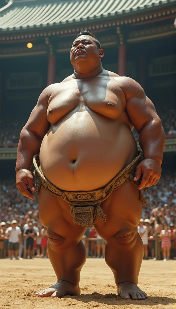 (sweat steam:1.4),Huge body,Height 2m50cm Weight 250kg,Realistic busty 25yo　Hawaiian  woman,(sexy sumo wrestling:1.2),ultimate form,8k,at sumo ring,fundoshi,bra,in Ryogoku Kokugikan