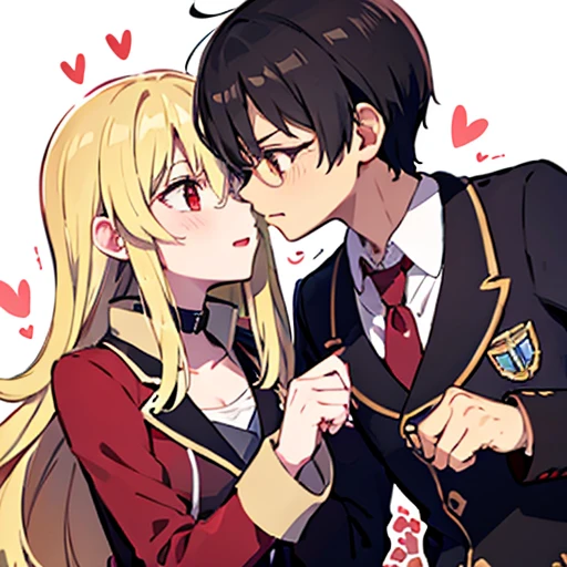 1 boy with black hair, Red jacket and glasses romantically kissing a girl with blonde hair and red eyes. Flower field in the background., True love, blushing cheeks, high quality