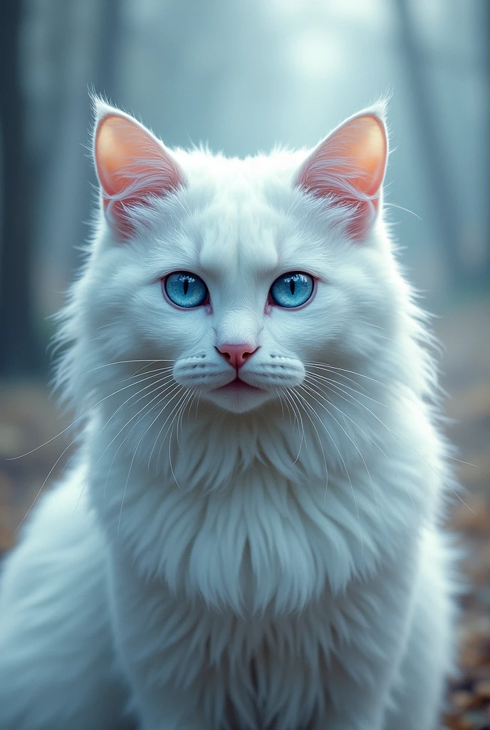 White cat fluffy with blue eyes with sharp pupils American Where did she come out