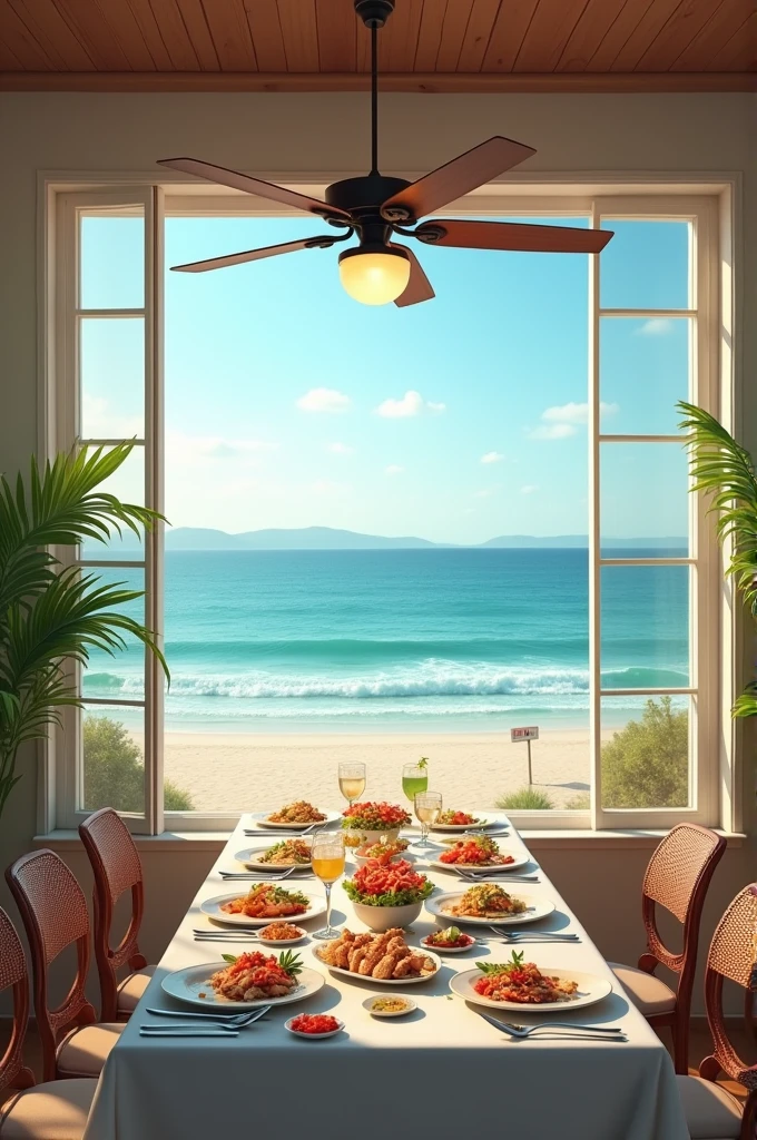 A dining room with fan and food on the table at beachfront view