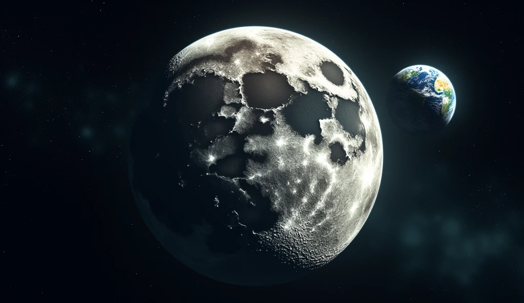 Realistic photos of the moon。The earth can be seen in the distance