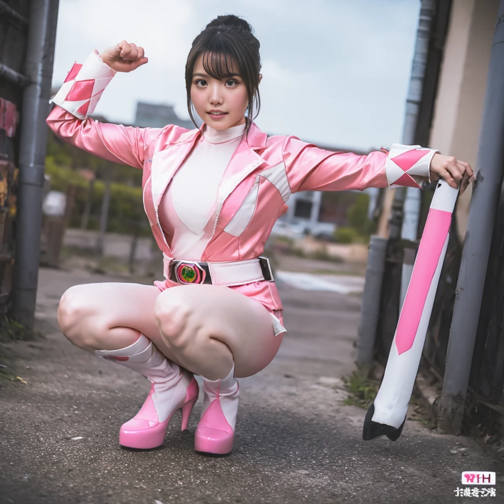 A japanese Lady,masterpiece, High quality, UHD 32K,Live-action adaptation,Muscular realistic face, Realistic skin feeling,20 years old,solo,muscular,viewer,frontal photography,japanese girl,squatting,arms up behind the head, nsfw, asakuramomo, Wearing a pale pink and white metallic hero suit:1.8、power ranger, pink ranger, nipple cut out