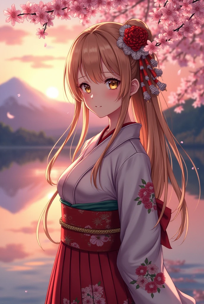 a detailed portrait of a girl named asuna, masterpiece, best quality, extremely detailed, (1 girl), alone, detailed golden eyes, long hair, static, close-up, (detailed kimono), faint smile, medium breasts, (hands behind back), water, sunset, (hair ornaments), (blooming cherry blossoms), snow-capped mountains and lake in the background
