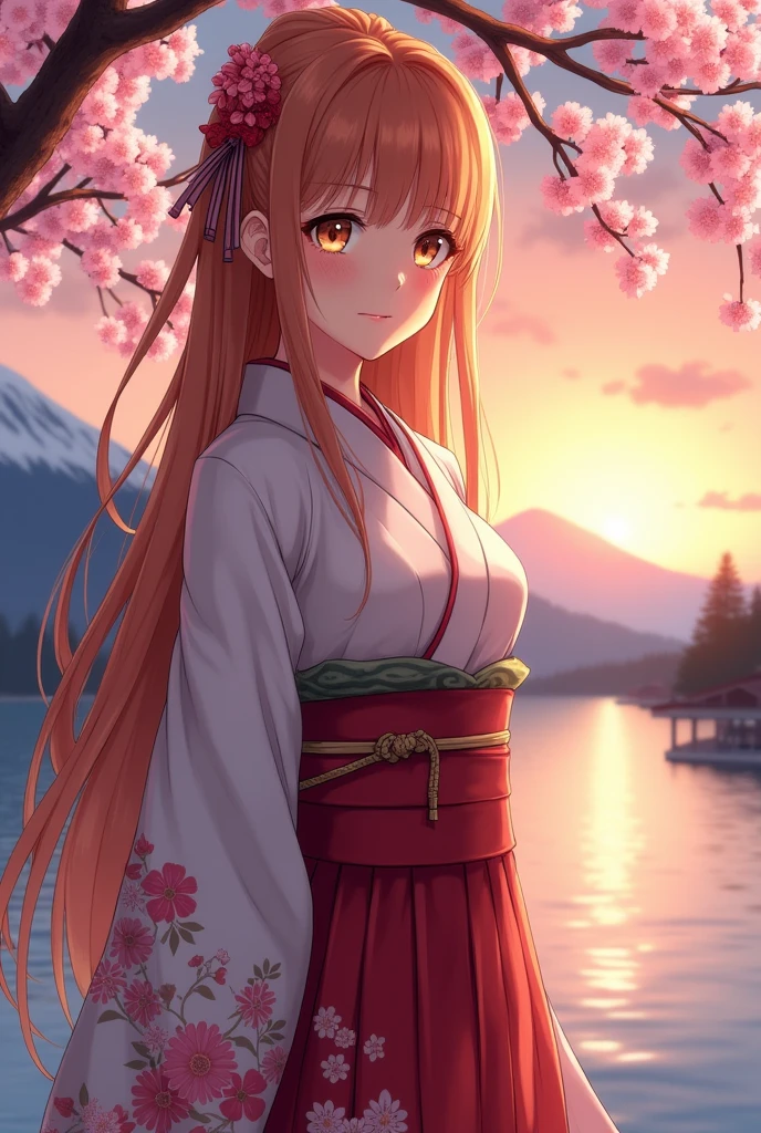 a detailed portrait of a girl named asuna, masterpiece, best quality, extremely detailed, (1 girl), alone, detailed golden eyes, long hair, static, close-up, (detailed kimono), faint smile, medium breasts, (hands behind back), water, sunset, (hair ornaments), (blooming cherry blossoms), snow-capped mountains and lake in the background