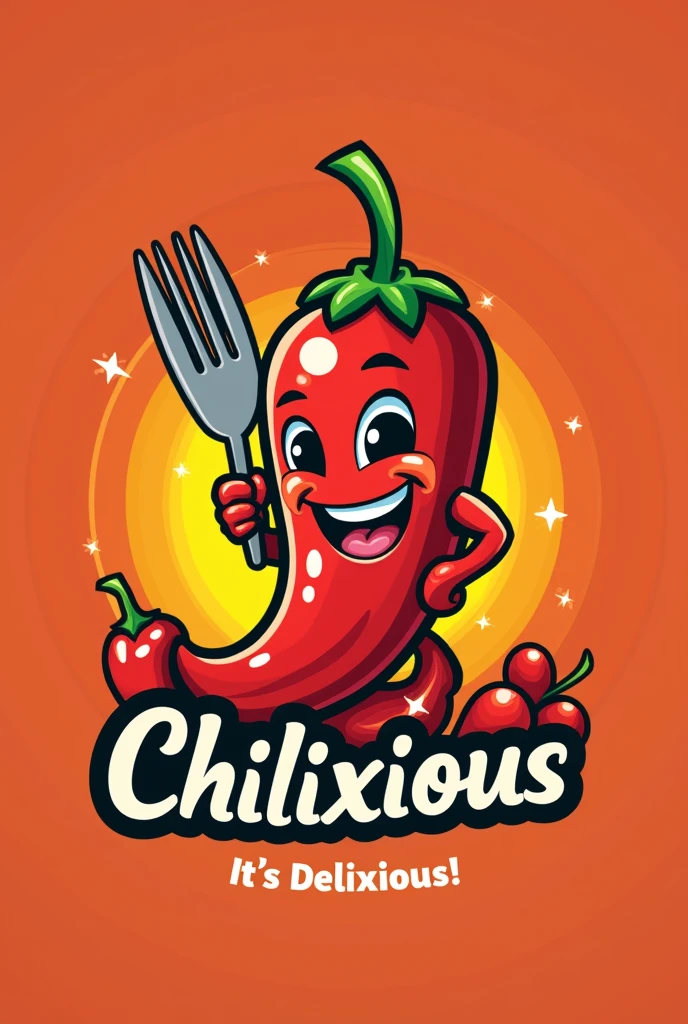 Give me a logo for a restaurant named chillixious with a tagline it's delixious! Try keeping the colors vibrant and use elements like fork or a chilli