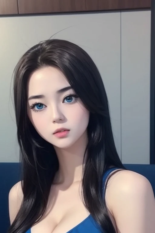 Best quality at best,,Reslisticstyle, girl 18 years old, Colossal tits:1.5, shin yuna, black hair, (Long Straight hair), blue eyes, Red slit Dress,
