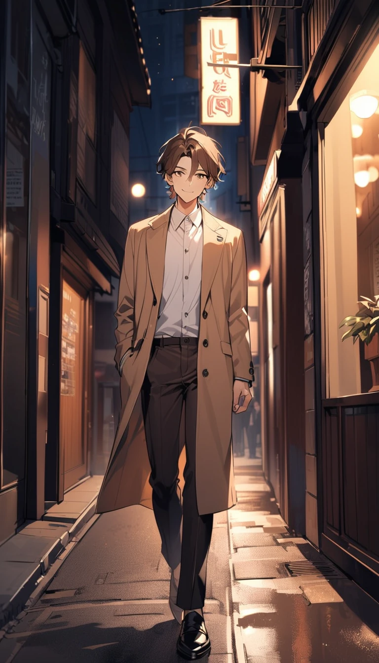 A smiling man. 20 years old. brown hair. White collared shirt. brown coat. Trousers that reach the ankles. I'm standing alone in the street. night. front.