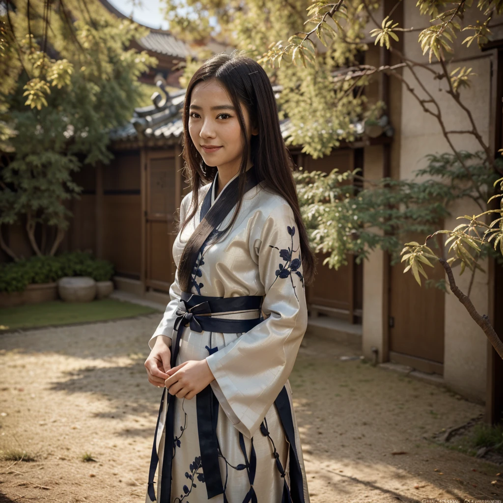 shukezouma, negative space, , shuimobysim , portrait of a woman standing , willow branches, (masterpiece, best quality:1.2), traditional chinese ink painting, modelshoot style, peaceful, (smile), looking at viewer, wearing long hanfu, hanfu, song, willow tree in background, wuchangshuo,