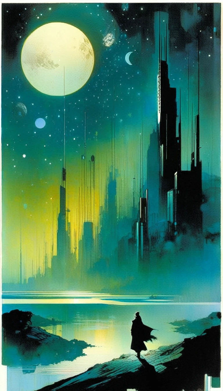 futuristic world, calm, night, moons, stars, art inspired by Bill Sienkiewicz and Dave McKean
